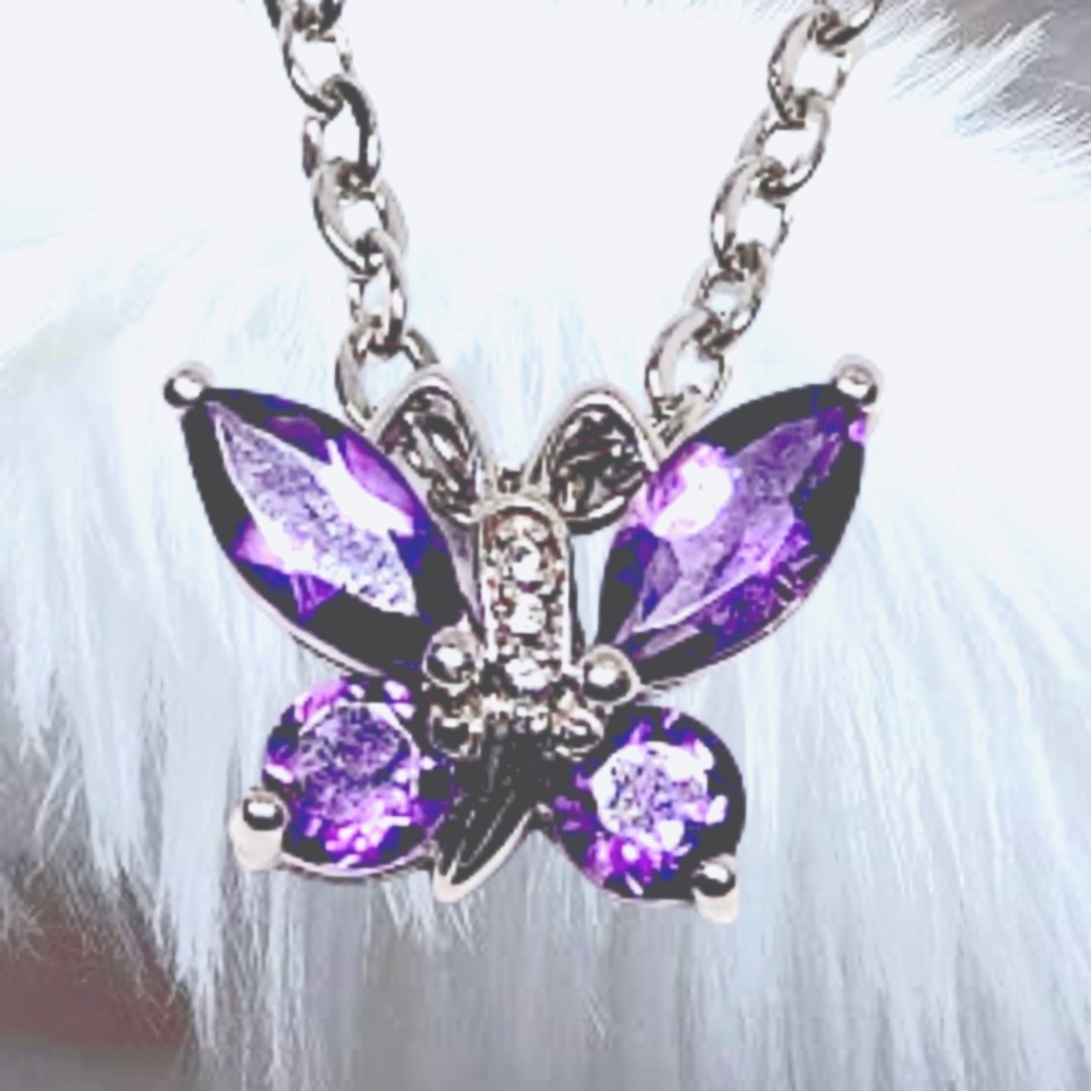 Sterling Silver Butterfly Pendant w/ Natural Amethyst Stainless Steel Necklace